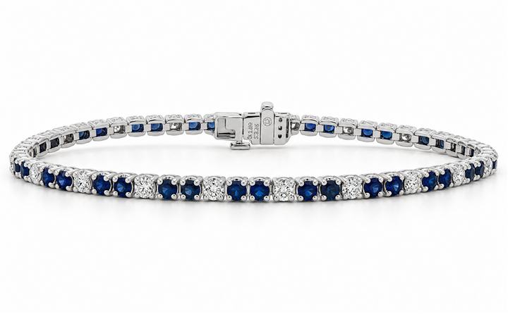 14K White Gold Natural Blue Sapphire & Diamond Tennis Bracelet – 3.36ctw