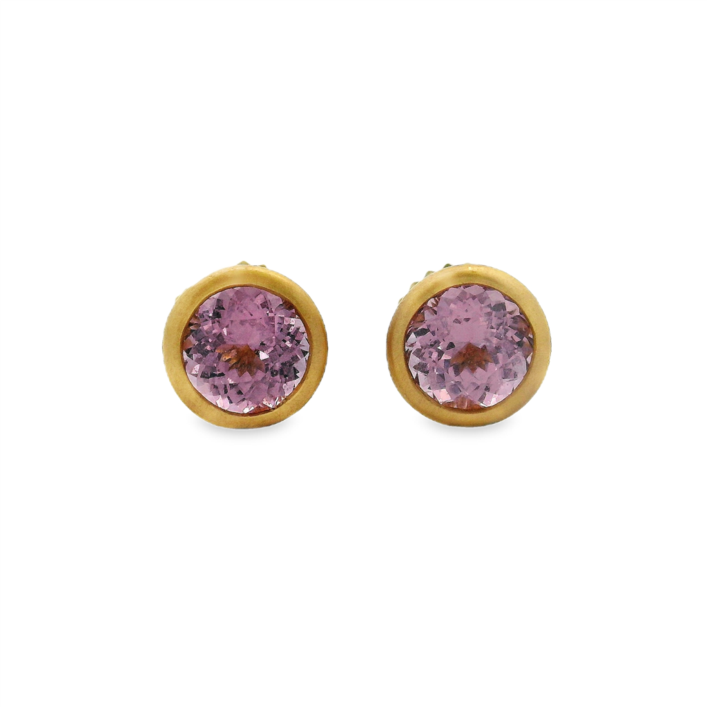 18K Yellow Gold Round Pink Spinel Bezel Stud Earrings – 1.79ctw.