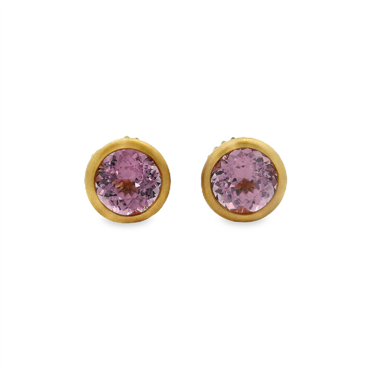 18K Yellow Gold Round Pink Spinel Bezel Stud Earrings – 1.79ctw.