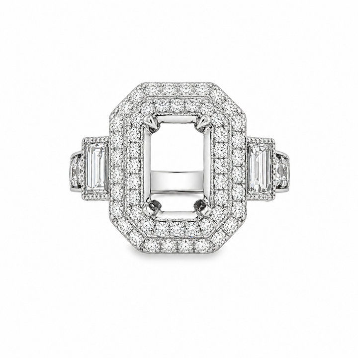 18K White Gold Natural Round & Baguette Diamond Semi-Mount Engagement Ring