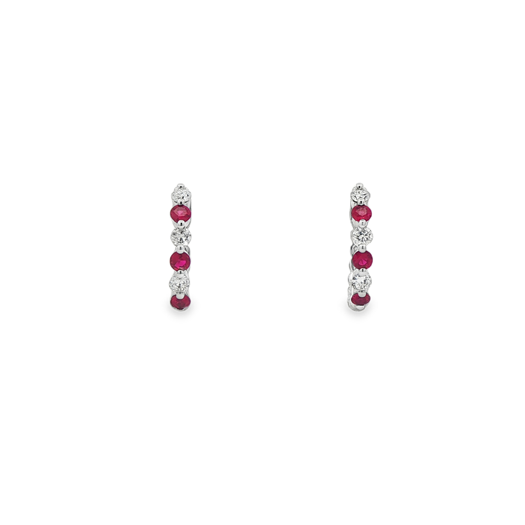 14K White Gold Diamond and Ruby Huggie Earrings – 0.42ctw.