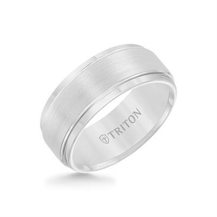 Triton White Tungsten Carbide Brush Finish Flat with Bright Step Edge Comfort Fit Band – 9mm