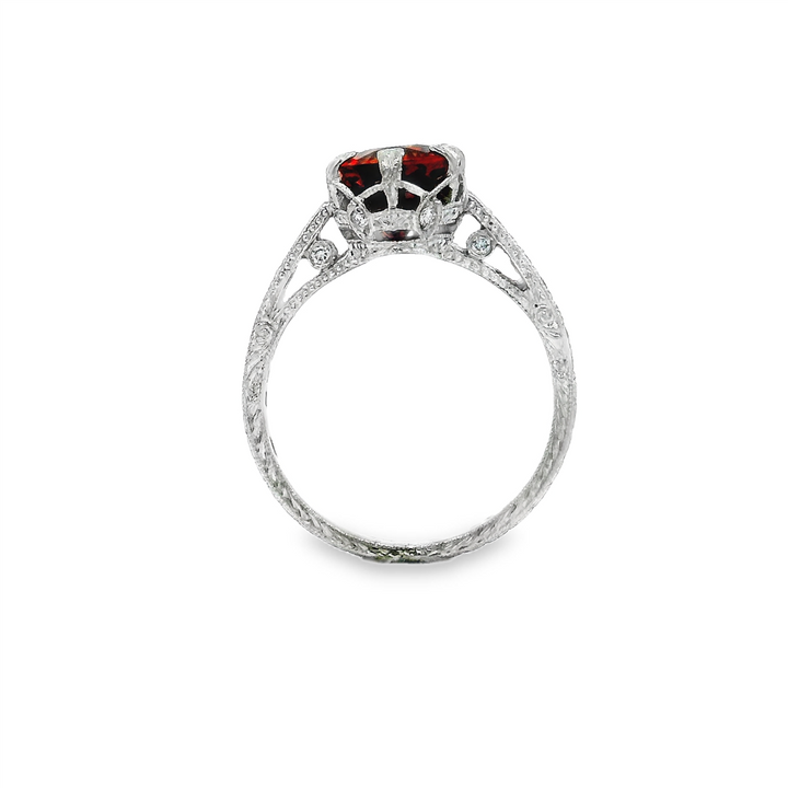 Platinum Hand-Engraved Mandarin Garnet & Diamond Ring – 2.49ctw.