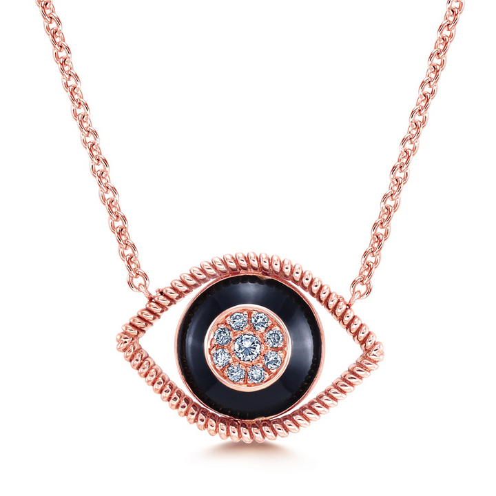 18K Rose Gold Evil Eye Necklace With Black Enamel & Diamonds 0.14ctw.