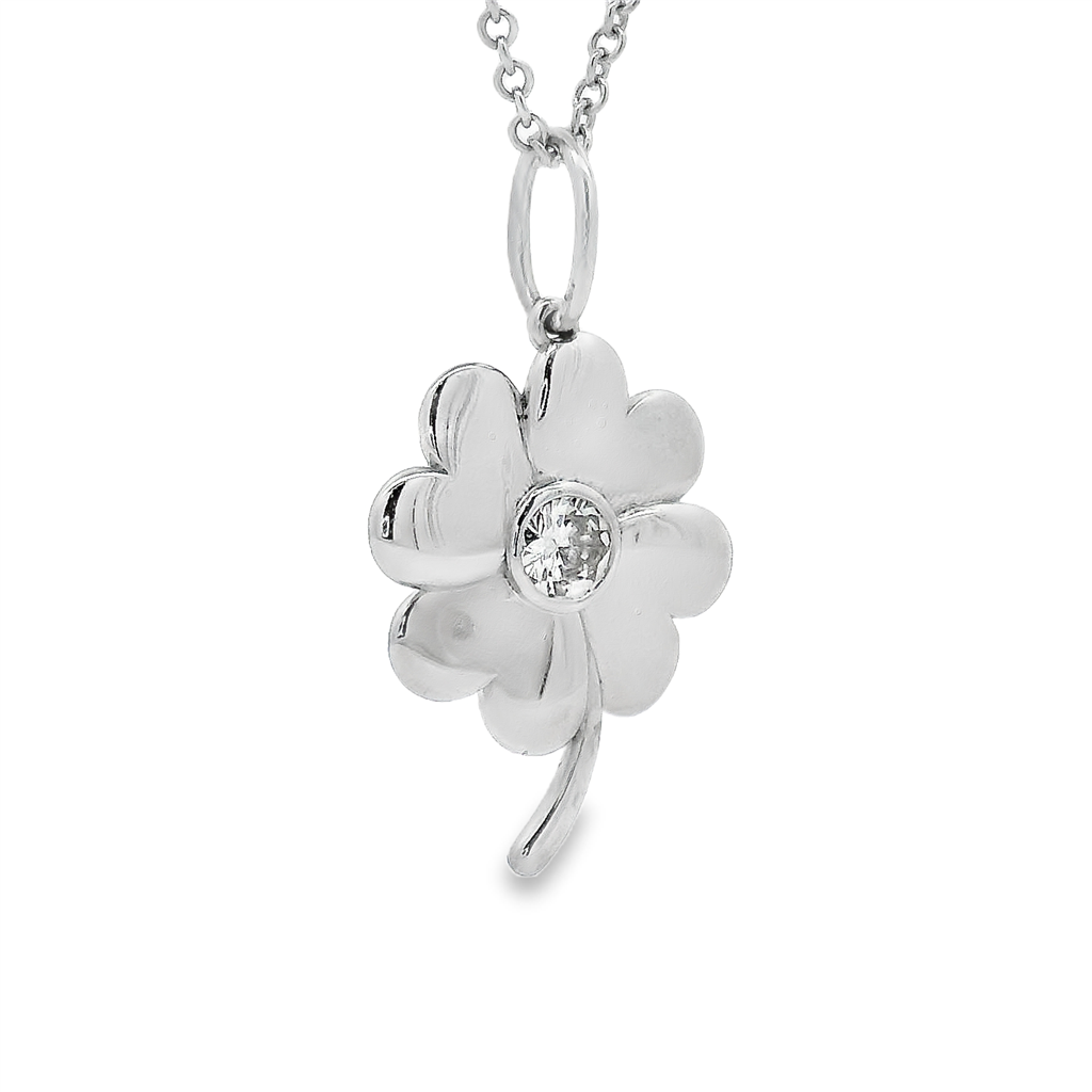 14K White Gold Clover Pendant - 0.17ct Center Diamond