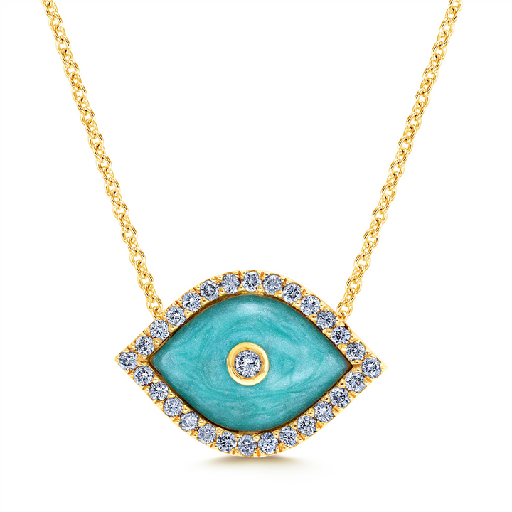 18K Yellow Gold Blue Green Enamel Evil Eye Pendant With Diamonds 0.30ctw.