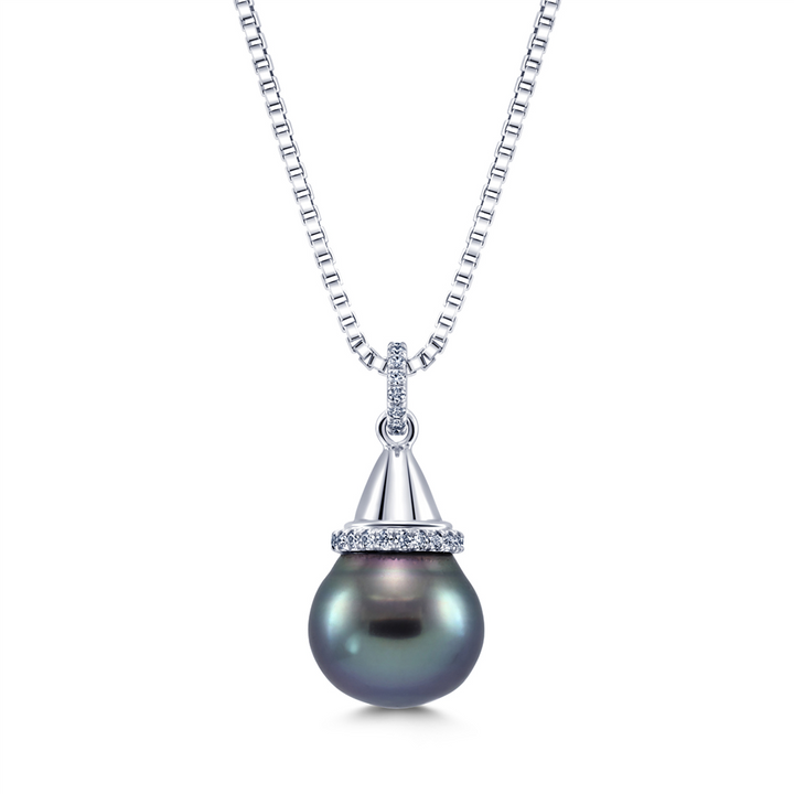 14K White Gold & Diamond Pendant 13.6mm Tahitian Pearl & 0.30ctw Diamonds.