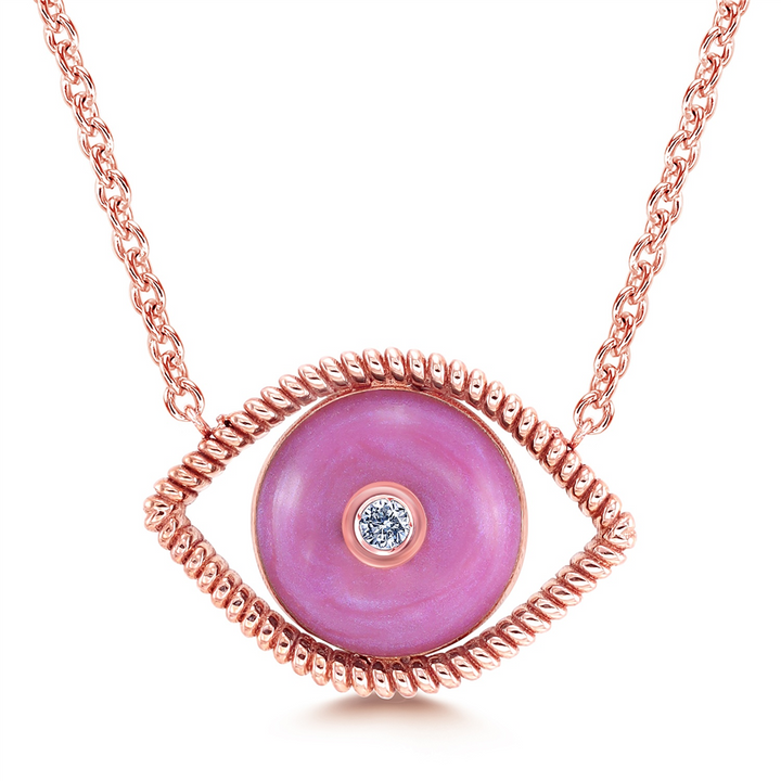 18K Rose Gold Natural Diamond Evil Eye Necklace - 0.03ctw.