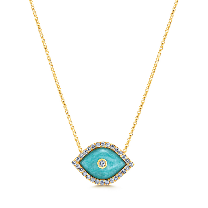 18K Yellow Gold Blue Green Enamel Evil Eye Pendant With Diamonds 0.30ctw.