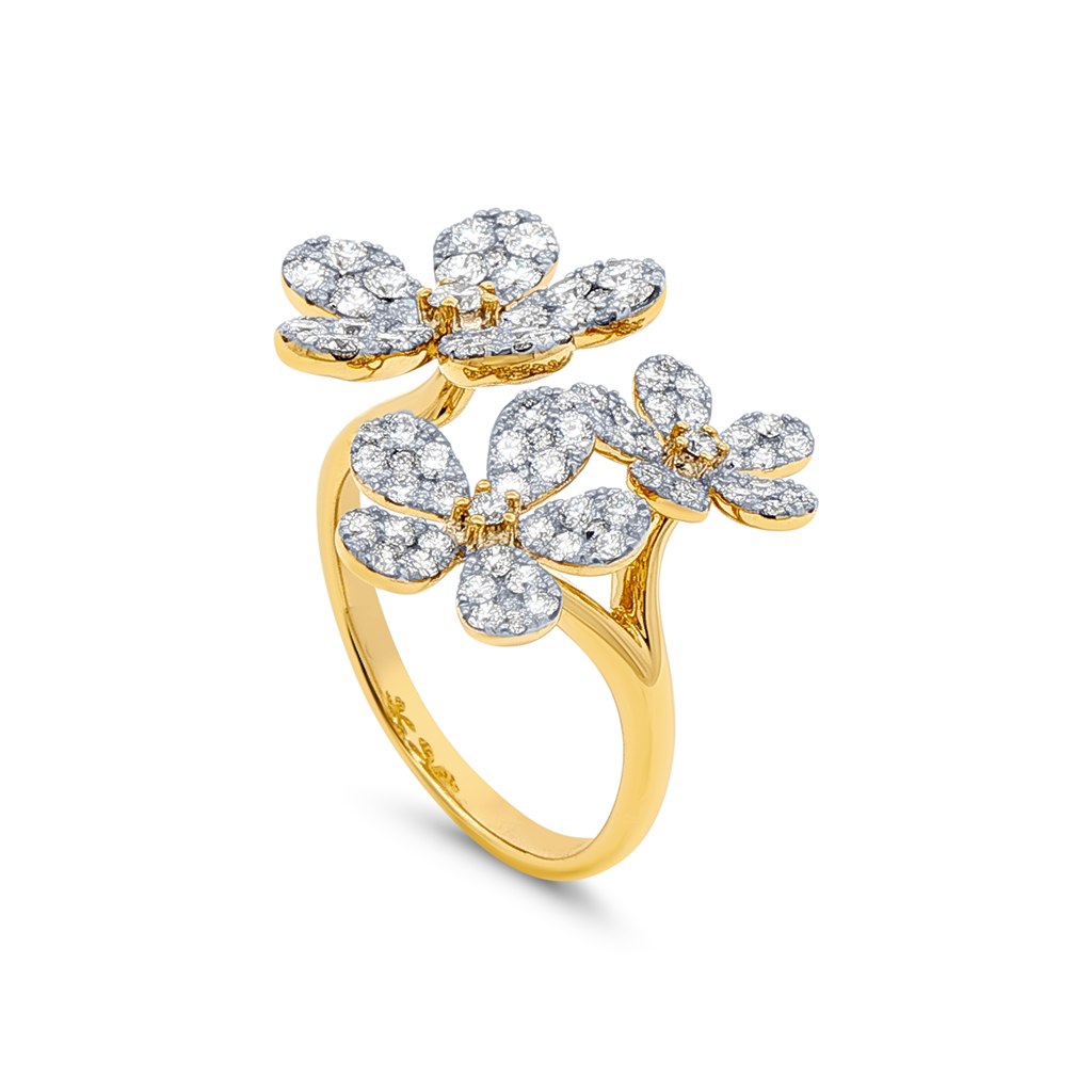 18K Yellow Gold Three Flower Natural Diamond Ring – 1.66ctw