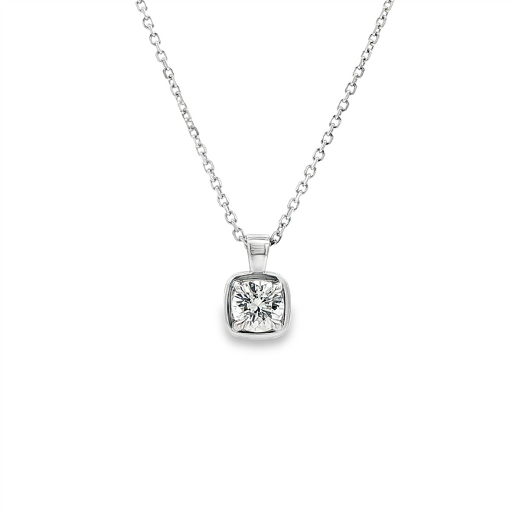 14K White Gold Natural Diamond Bezel Pendant Necklace – 0.74ct Round Diamond (GIA), 16–18" Adjustable Rolo Chain