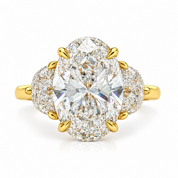 3 Stone 5.88ctw Lab Oval Diamond With Half Moon Side Stones Engagement Ring