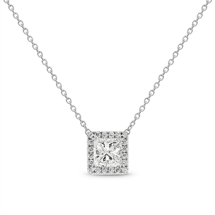 14K White Gold Princess Cut Diamond Halo Pendant Necklace – 1.15ct