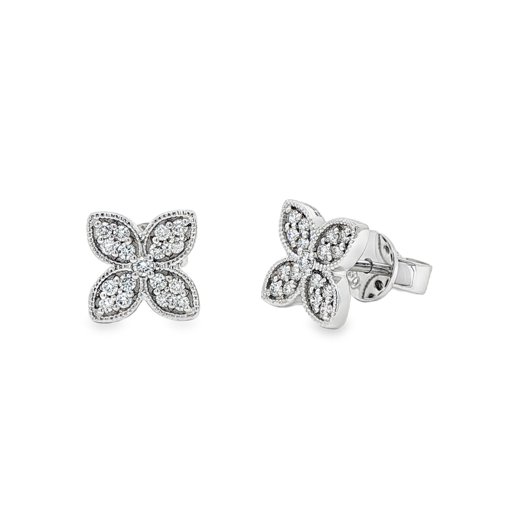 18K White Gold 4-Petal Flower Diamond Stud Earrings – 0.30ctw.