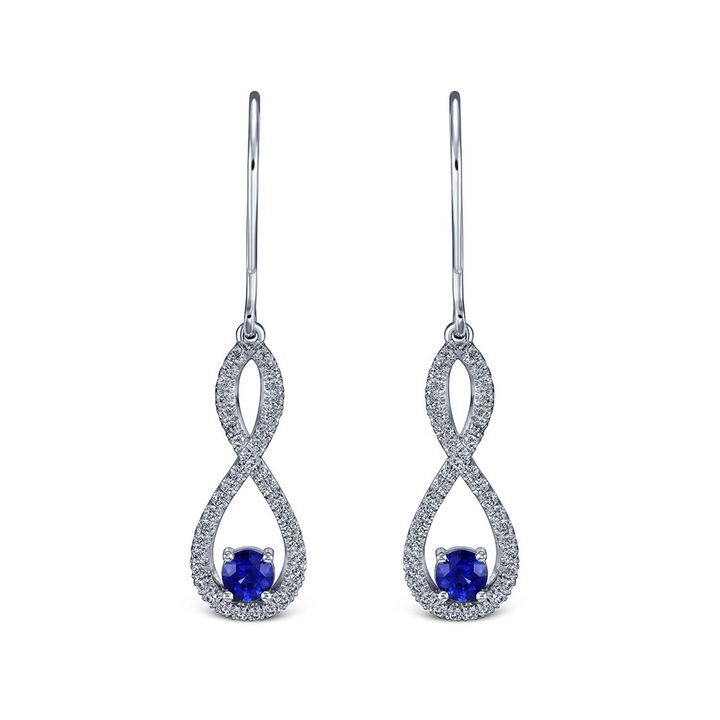 18K White Gold Infinity Design Dangling Earrings With Sapphires & Diamonds