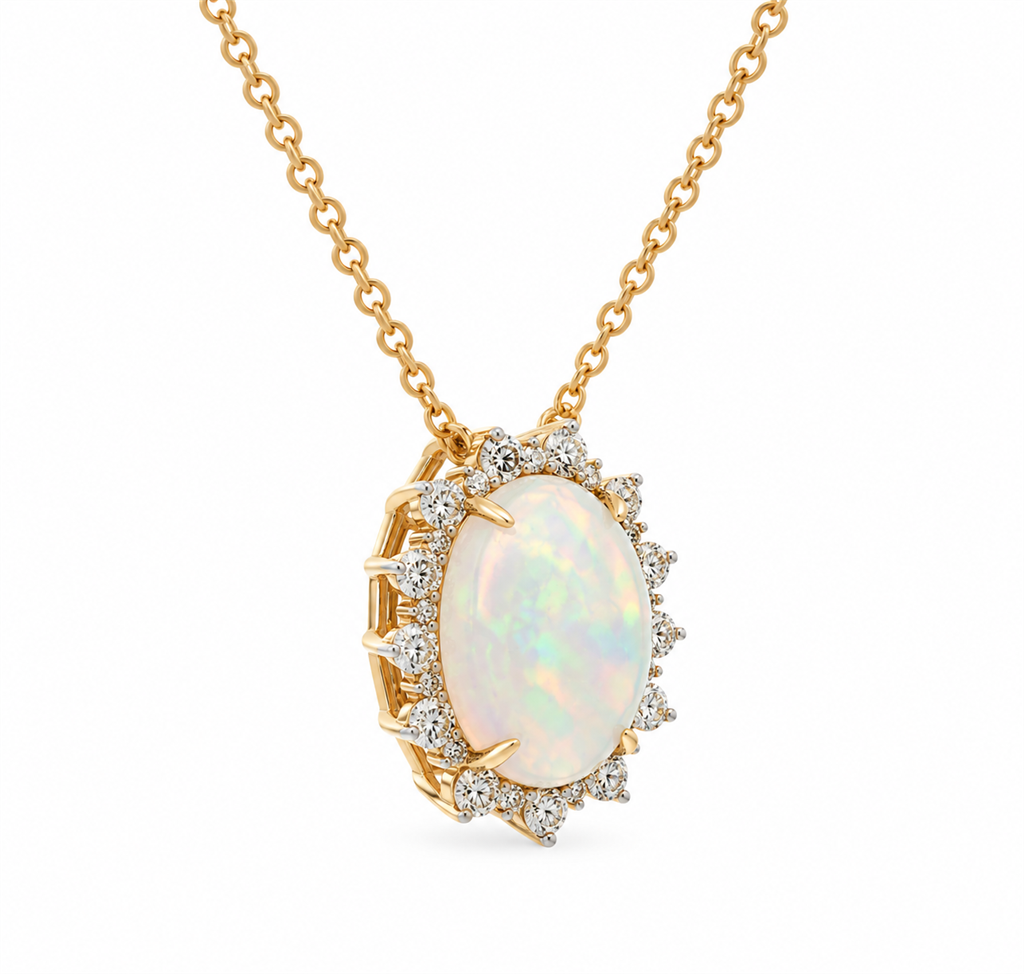 14K Yellow Gold & Platinum Ethiopian Opal and Diamond Halo Pendant Necklace – 3.77ctw