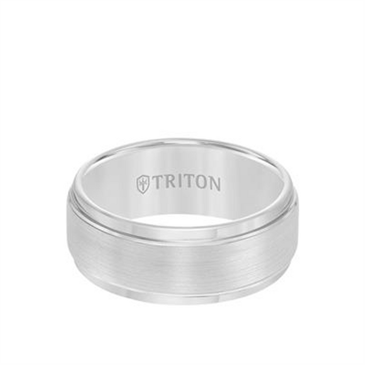 Triton White Tungsten Carbide Brush Finish Flat with Bright Step Edge Comfort Fit Band – 9mm