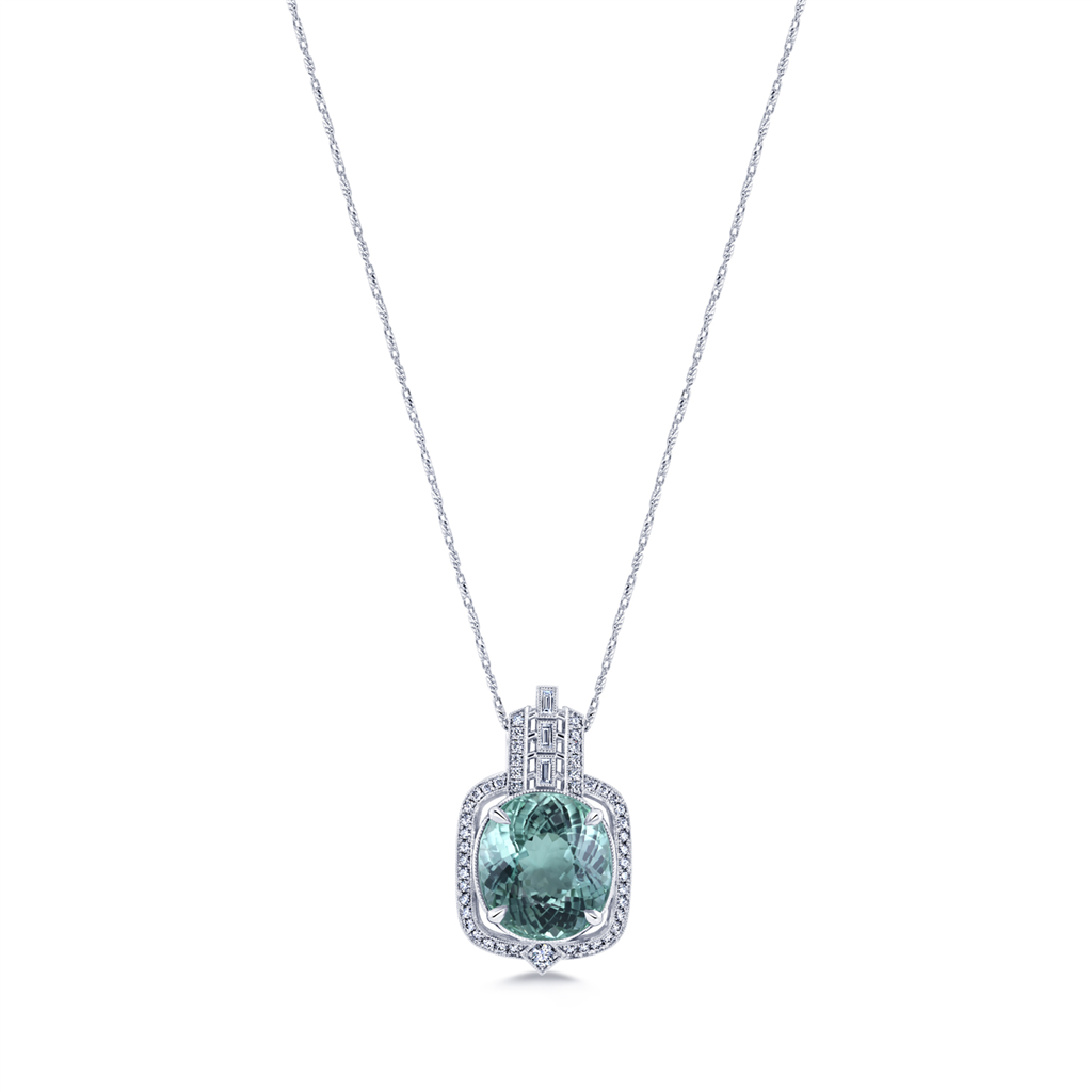 14K White Gold Pendant 14.35ct Tourmalinei & 0.48ctw Of Diamonds.