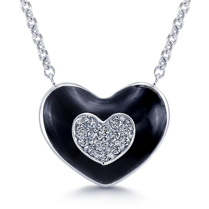 18K White Heart Necklace with Black Enamle & Diamonds 0.09ctw.