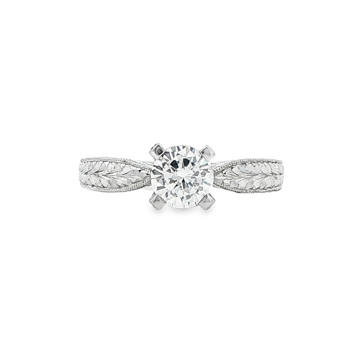14K White Gold Solitaire Semi-Mount Ring with Hand Engraving – 0.13ctw.