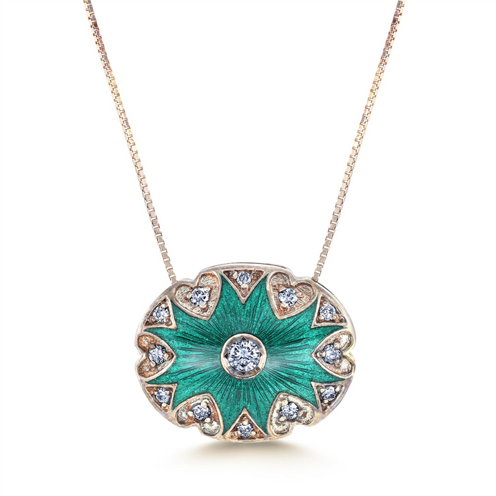 14K Yellow Gold Pendant With Diamonds & Green Enamel