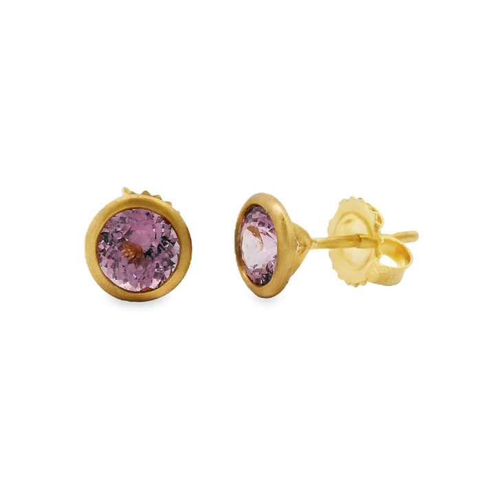 18K Yellow Gold Round Pink Spinel Bezel Stud Earrings – 1.79ctw.