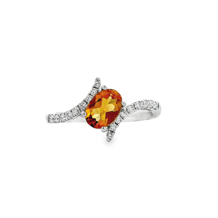 14K White Gold Oval Citrine & Natural Diamond Ring