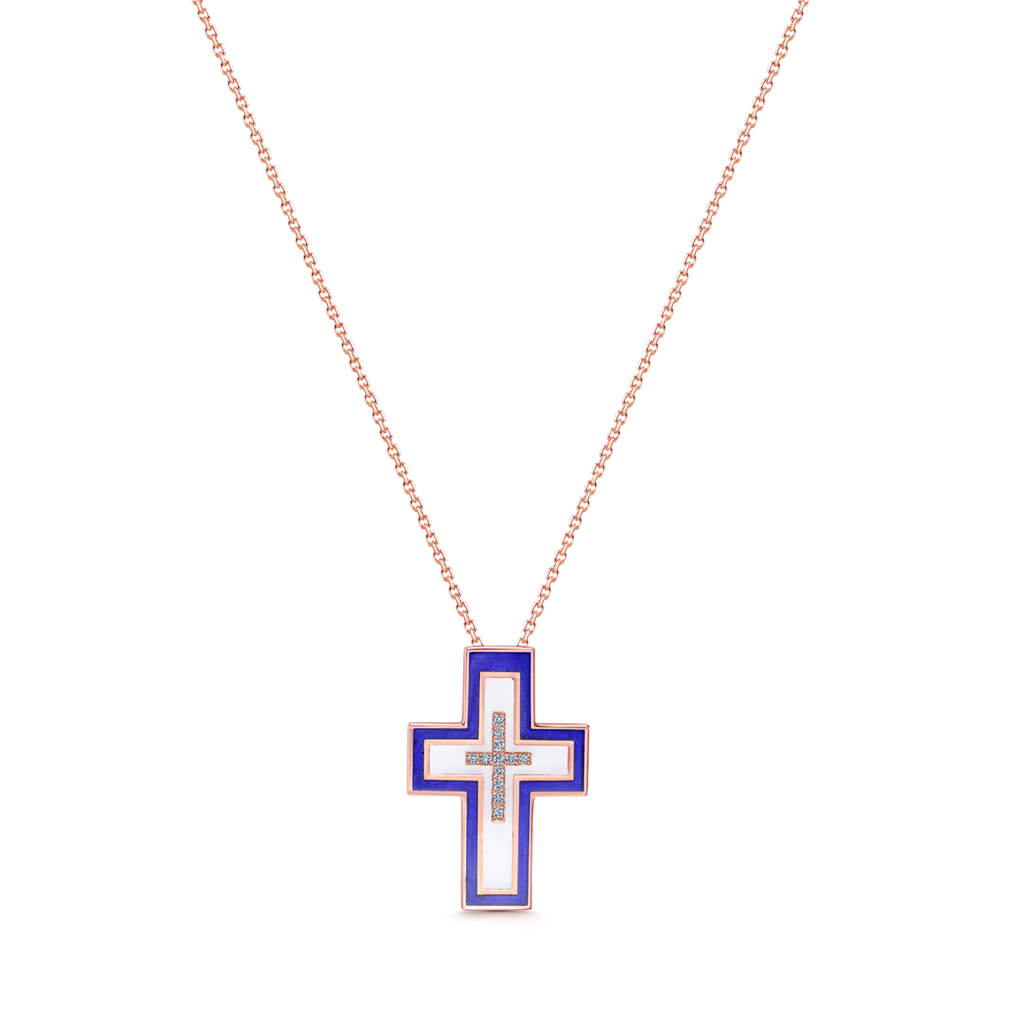 18K Rose Gold Enamel Floating Cross Pendant With Diamonds 0.06ctw.