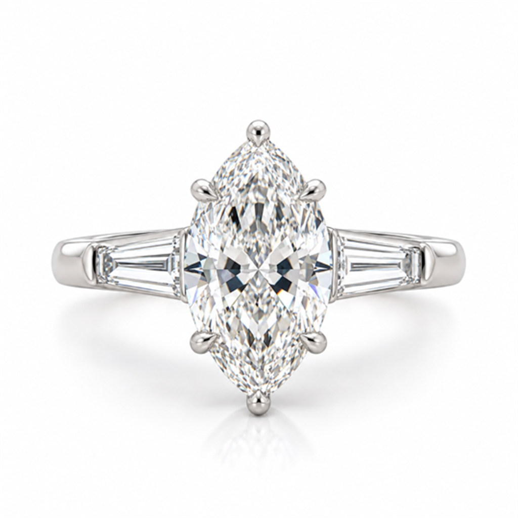Platinum Marquise Semi-mount 3 Stone Engagement Ring .60ctw Lab Grown Baguette Cut Diamonds