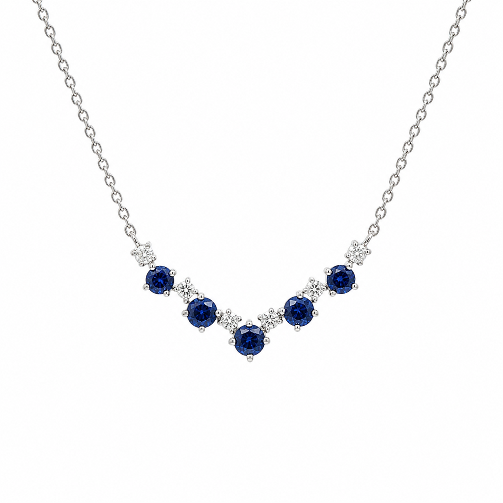 14K White Gold Natural Diamond & Blue Sapphire Chevron Necklace