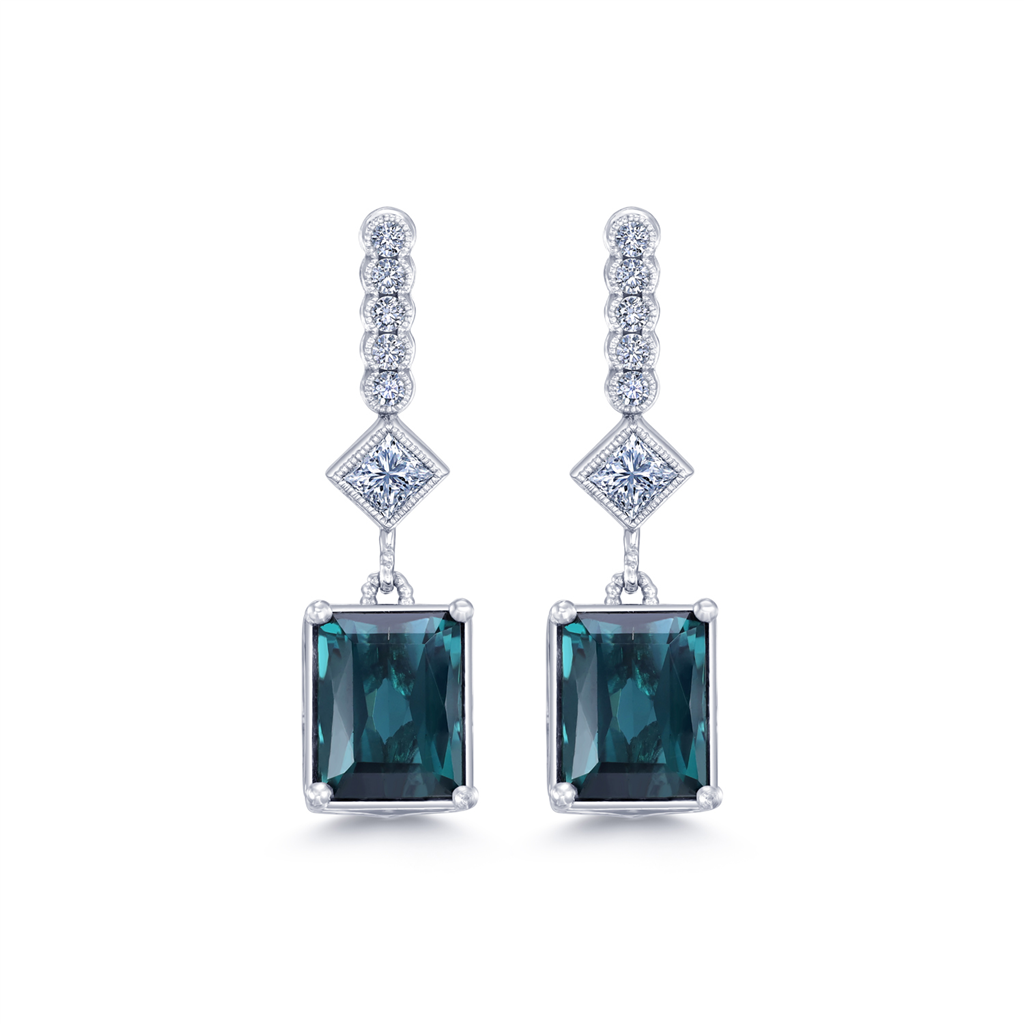 14K White Gold Blue Green Tourmaline & Diamond Earrings