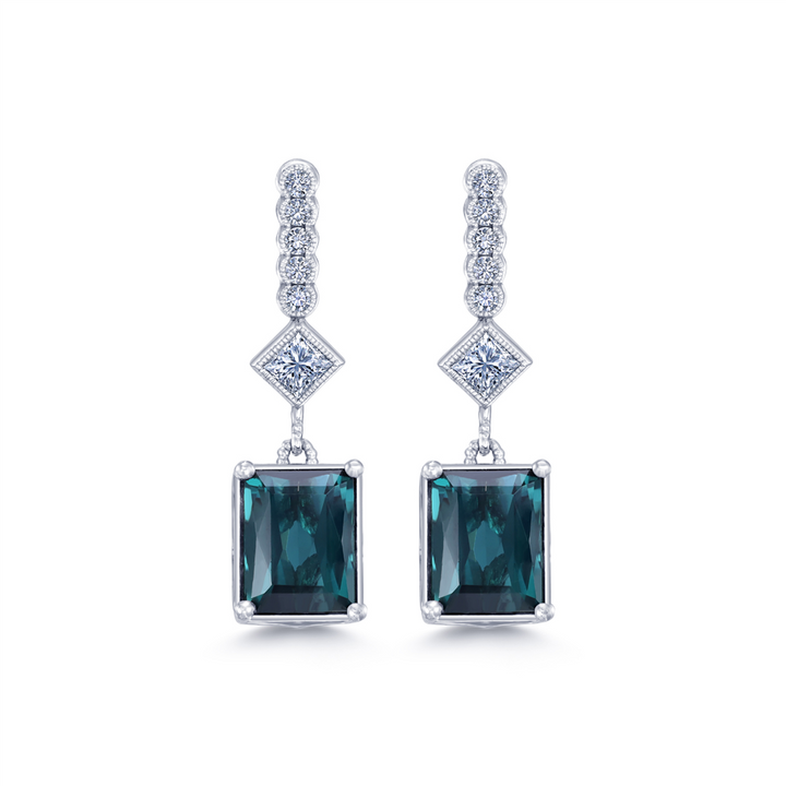 14K White Gold Blue Green Tourmaline & Diamond Earrings