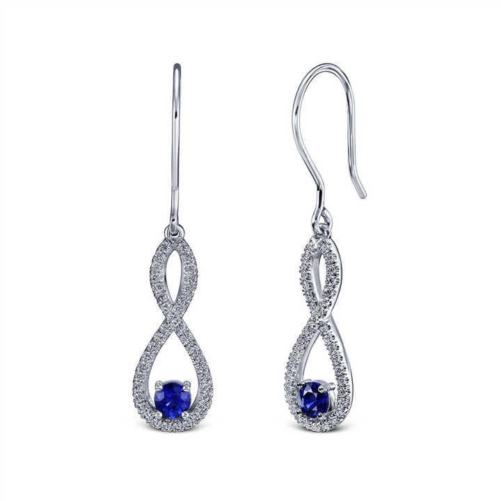 18K White Gold Infinity Design Dangling Earrings With Sapphires & Diamonds