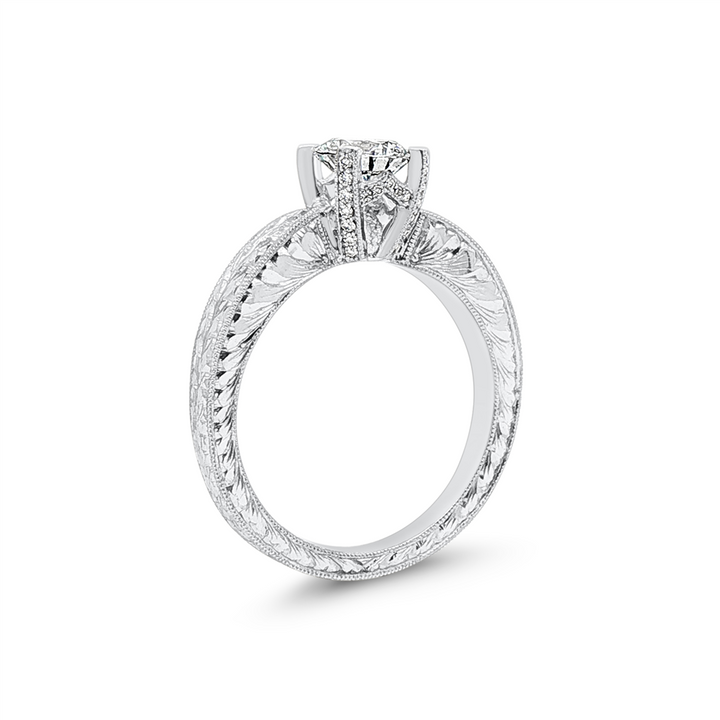 14K White Gold Hand-Engraved Natural Diamond Prong Solitaire Semi-Mount Engagement Ring