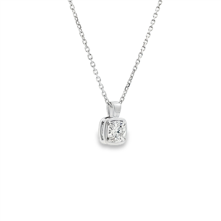 14K White Gold Natural Diamond Bezel Pendant Necklace – 0.74ct Round Diamond (GIA), 16–18" Adjustable Rolo Chain