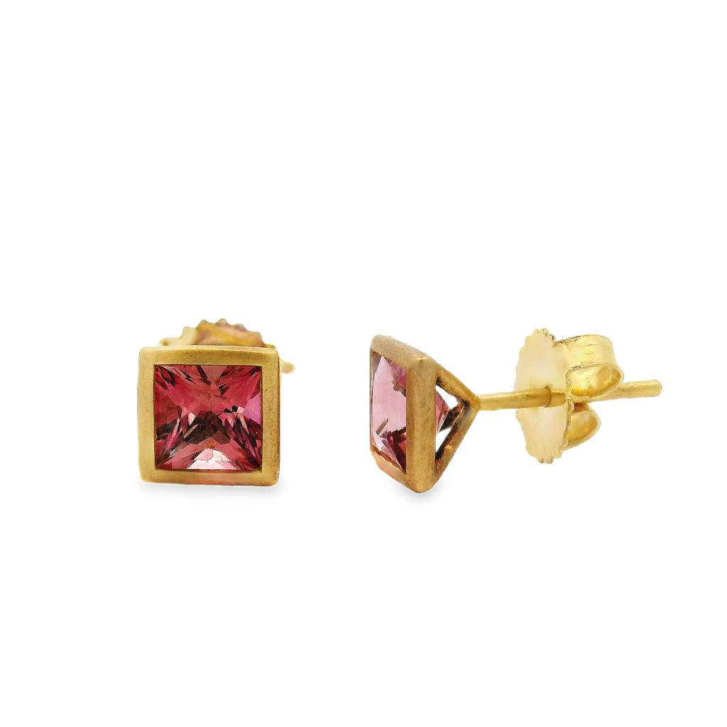 18K Yellow Gold Princess-Cut Pink Tourmaline Bezel Stud Earrings – 1.38ctw.