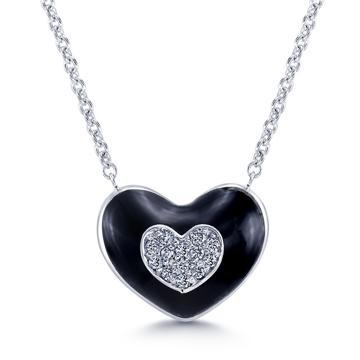 18K White Heart Necklace with Black Enamle & Diamonds 0.09ctw.