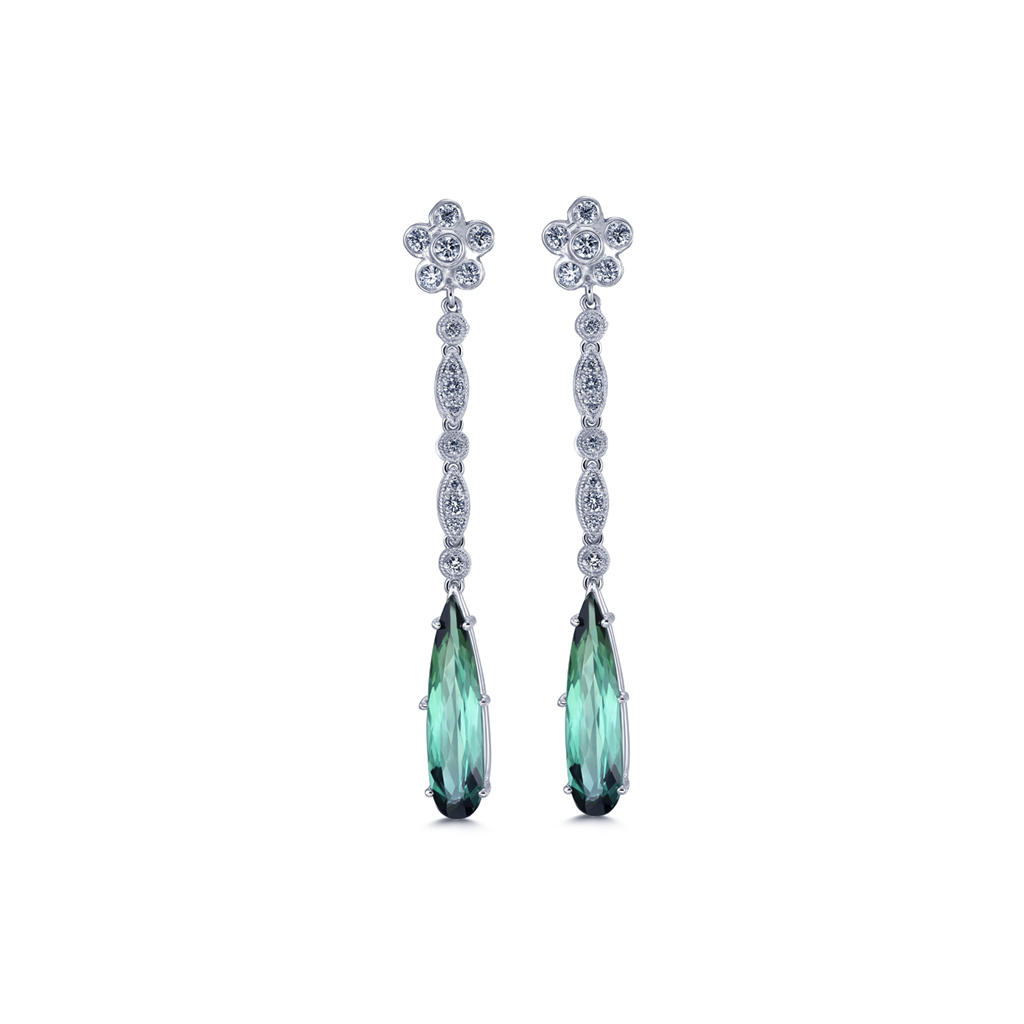 18K White Gold Dangling Tourmaline & Diamond Earrings