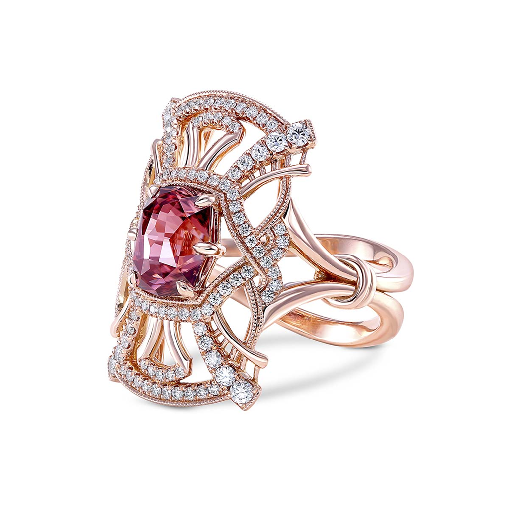 14K Rose Gold “Valentina” Byzantine Ring – 5.11ct Raspberry Zircon