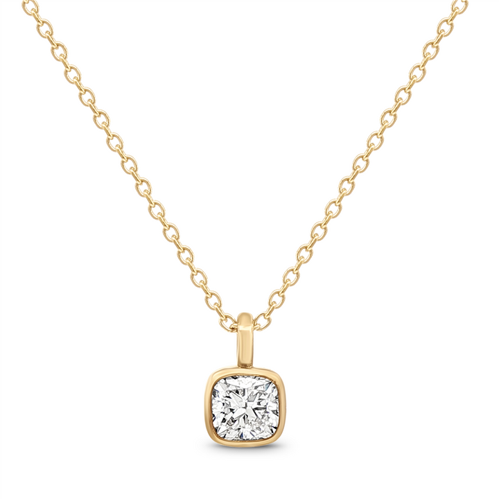 14K Yellow Gold Bezel Natural Diamond Necklace – 0.52ct Cushion Cut, VVS1-H, GIA Certified, 18"/17", 2.5g