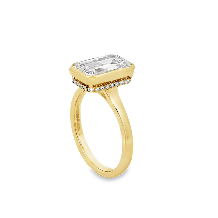 14K Yellow Gold Lab Grown Emerald Cut Diamond Ring with Bezel-Set Center and Hidden Lab Grown Diamond Halo – Center 4.01ct.