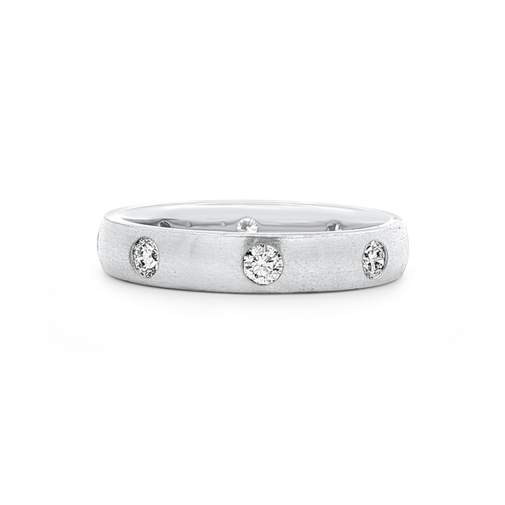 14K White Gold Round Natural Diamond Flush Set Matte Dome Wedding Band