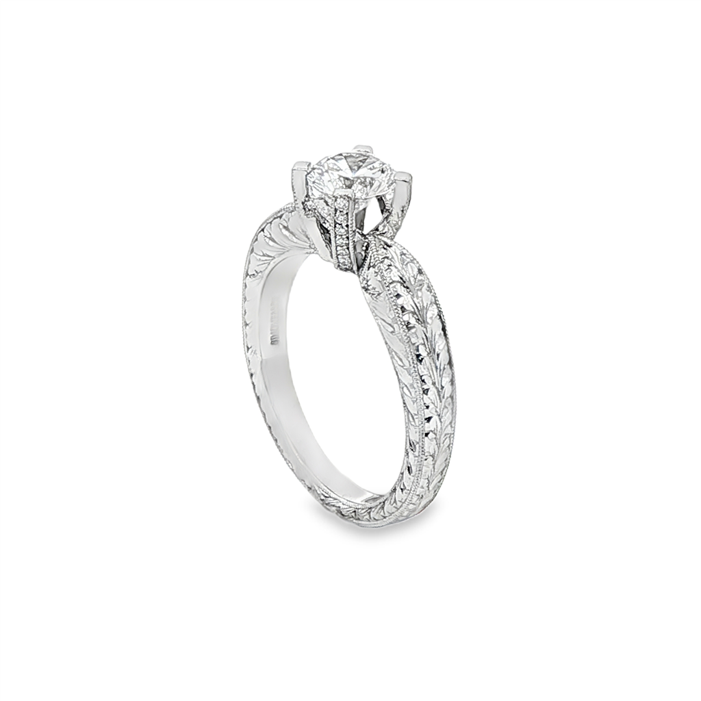 14K White Gold Solitaire Semi-Mount Ring with Hand Engraving – 0.13ctw.