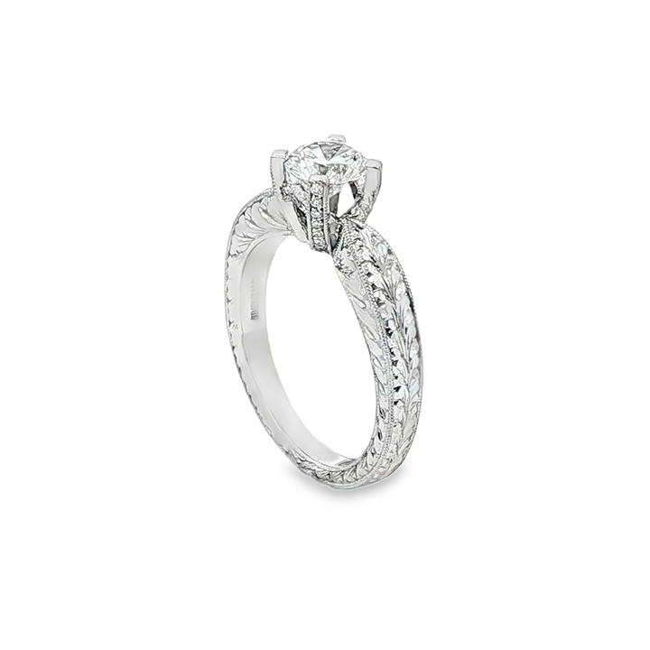 14K White Gold Solitaire Semi-Mount Ring with Hand Engraving – 0.13ctw.