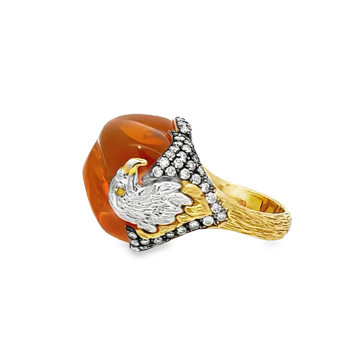 18K Yellow Gold Eagle Ring – 14.80ct Mexican Fire Opal with Diamond Accents