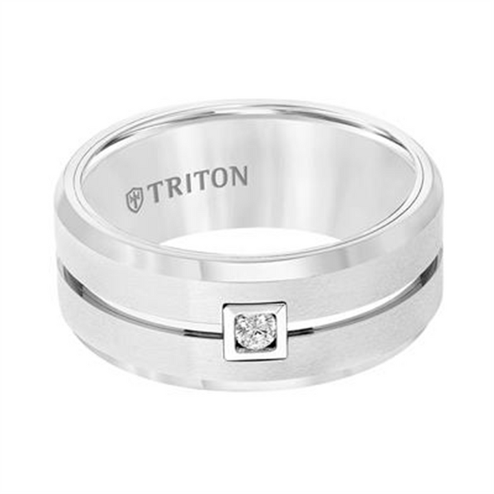 White Tungsten Carbide Flat Comfort Fit Band with Horizontal Brush Finish, Bright Polished Recessed Center Groove, Bevel Edge, and Single Round Diamond in Square Bezel – 9mm