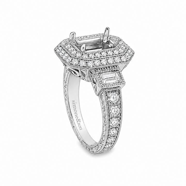 18K White Gold Natural Round & Baguette Diamond Semi-Mount Engagement Ring