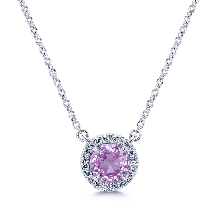 14K White Gold 0.89ct Pink Sapphire Halo Pendant