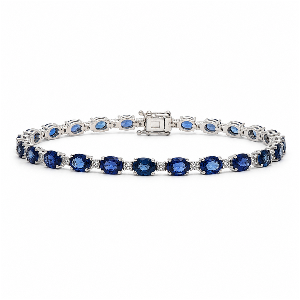 14K White Gold Natural Diamond & Royal Blue Sapphire Tennis Bracelet