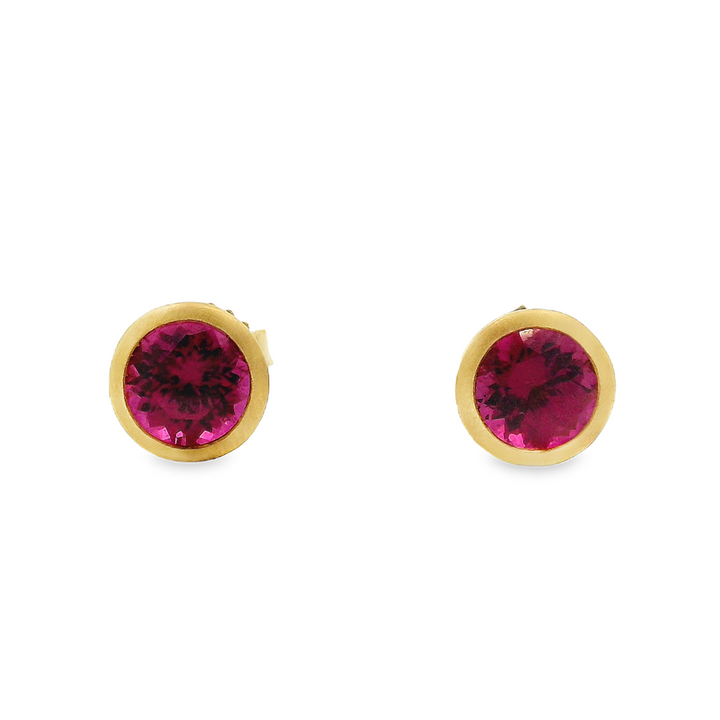 18K Yellow Gold Round Rhodolite Garnet Bezel Stud Earrings – 2.07ctw.